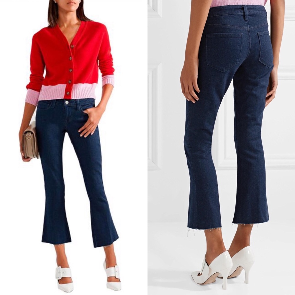 L'Agence Blue The Charlie Frayed Low-rise Kick-flare Jeans Dark Navy Blue 24 NEW